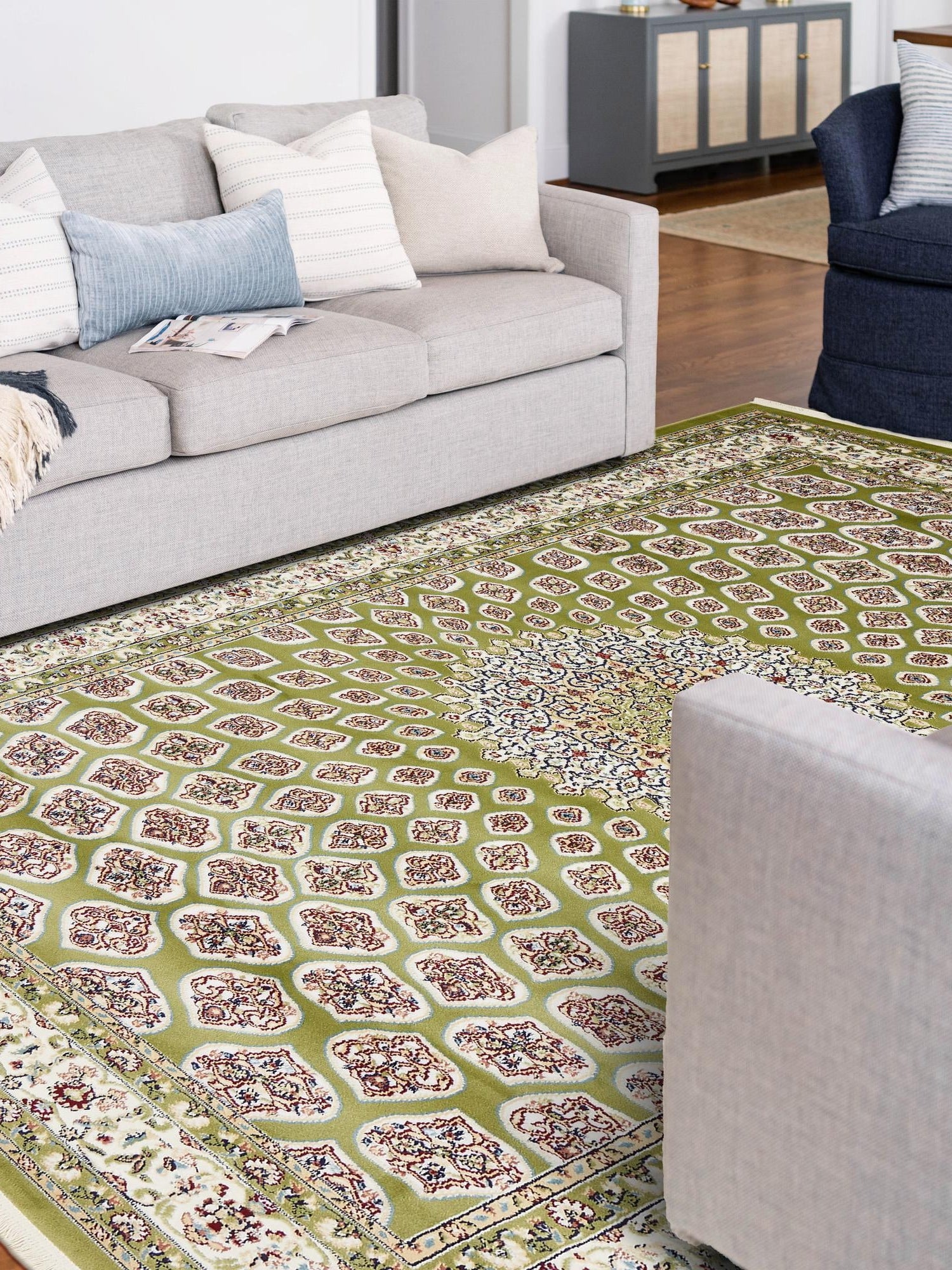 Green 7' 10 x 10' Narenj Rectangle Area Rug 85% Polypropylene & 15% Polyester Traditional Classic Carpet for Living, Dining, Bedrooms, Office for Sale at Rug Engine