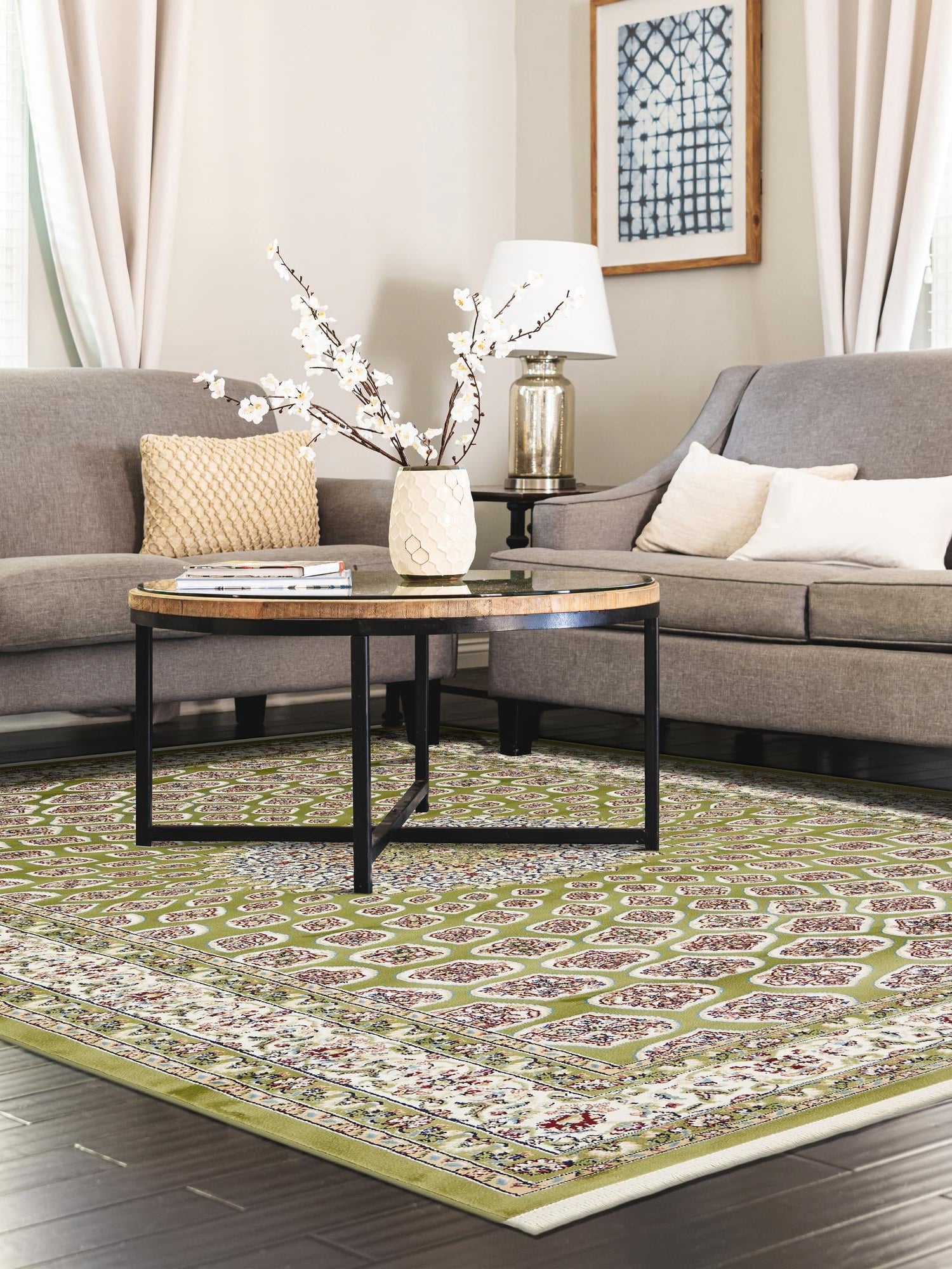 Green 7' 10 x 10' Narenj Rectangle Area Rug 85% Polypropylene & 15% Polyester Traditional Classic Carpet for Living, Dining, Bedrooms, Office for Sale at Rug Engine