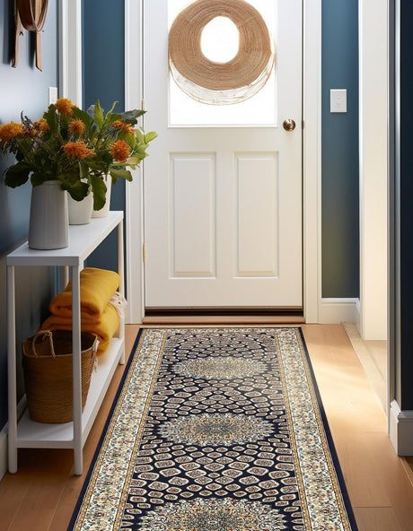 Navy Blue 2' 11 x 13' 1 Narenj Runner Area Rug 85% Polypropylene & 15% Polyester Traditional Classic Carpet for Living, Dining, Bedrooms, Office for Sale at Rug Engine