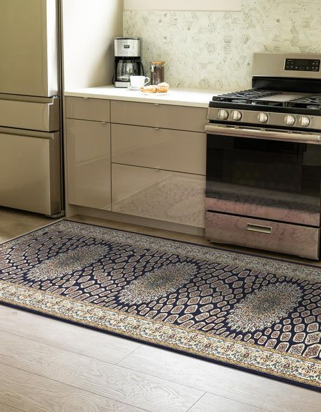 Navy Blue 2' 11 x 13' 1 Narenj Runner Area Rug 85% Polypropylene & 15% Polyester Traditional Classic Carpet for Living, Dining, Bedrooms, Office for Sale at Rug Engine