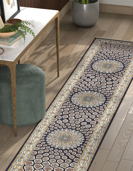 Navy Blue 2' 11 x 13' 1 Narenj Runner Area Rug 85% Polypropylene & 15% Polyester Traditional Classic Carpet for Living, Dining, Bedrooms, Office for Sale at Rug Engine