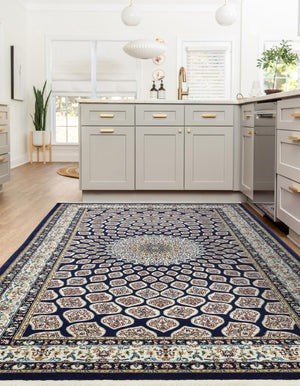 Navy Blue 7' 10 x 10' Narenj Rectangle Area Rug 85% Polypropylene & 15% Polyester Traditional Classic Carpet for Living, Dining, Bedrooms, Office for Sale at Rug Engine