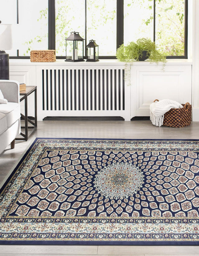 Navy Blue 7' 10 x 10' Narenj Rectangle Area Rug 85% Polypropylene & 15% Polyester Traditional Classic Carpet for Living, Dining, Bedrooms, Office for Sale at Rug Engine
