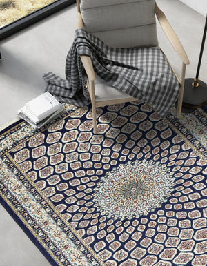 Navy Blue 7' 10 x 10' Narenj Rectangle Area Rug 85% Polypropylene & 15% Polyester Traditional Classic Carpet for Living, Dining, Bedrooms, Office for Sale at Rug Engine