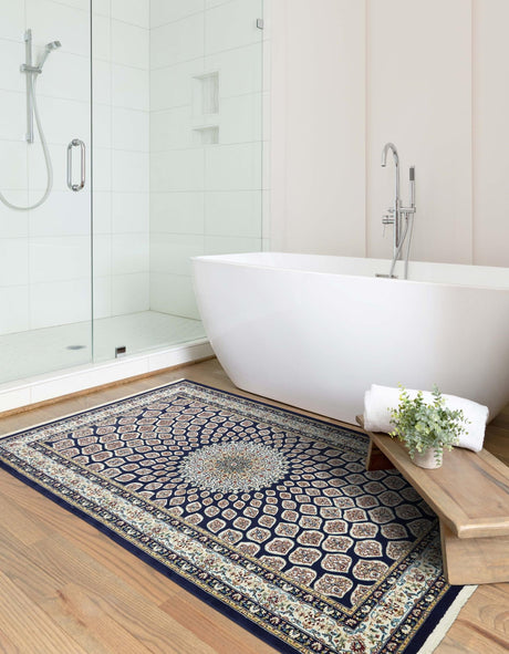 Navy Blue 5' 3 x 8' Narenj Rectangle Area Rug 85% Polypropylene & 15% Polyester Traditional Classic Carpet for Living, Dining, Bedrooms, Office for Sale at Rug Engine