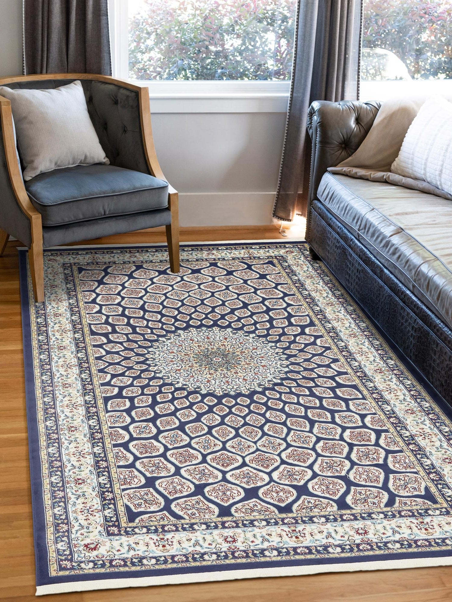 Navy Blue 5' 3 x 8' Narenj Rectangle Area Rug 85% Polypropylene & 15% Polyester Traditional Classic Carpet for Living, Dining, Bedrooms, Office for Sale at Rug Engine