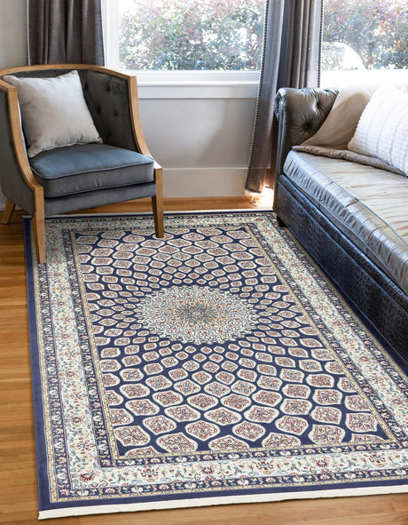 Navy Blue 7' 10 x 10' Narenj Rectangle Area Rug 85% Polypropylene & 15% Polyester Traditional Classic Carpet for Living, Dining, Bedrooms, Office for Sale at Rug Engine