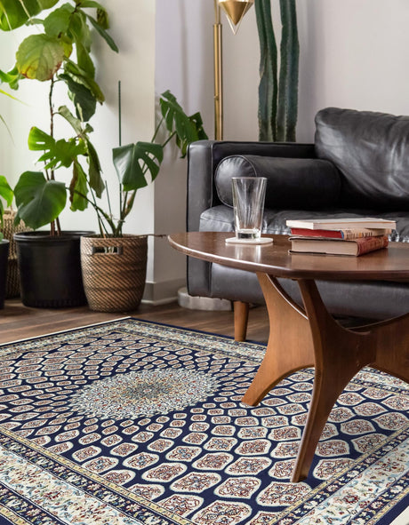 Navy Blue 5' 3 x 8' Narenj Rectangle Area Rug 85% Polypropylene & 15% Polyester Traditional Classic Carpet for Living, Dining, Bedrooms, Office for Sale at Rug Engine