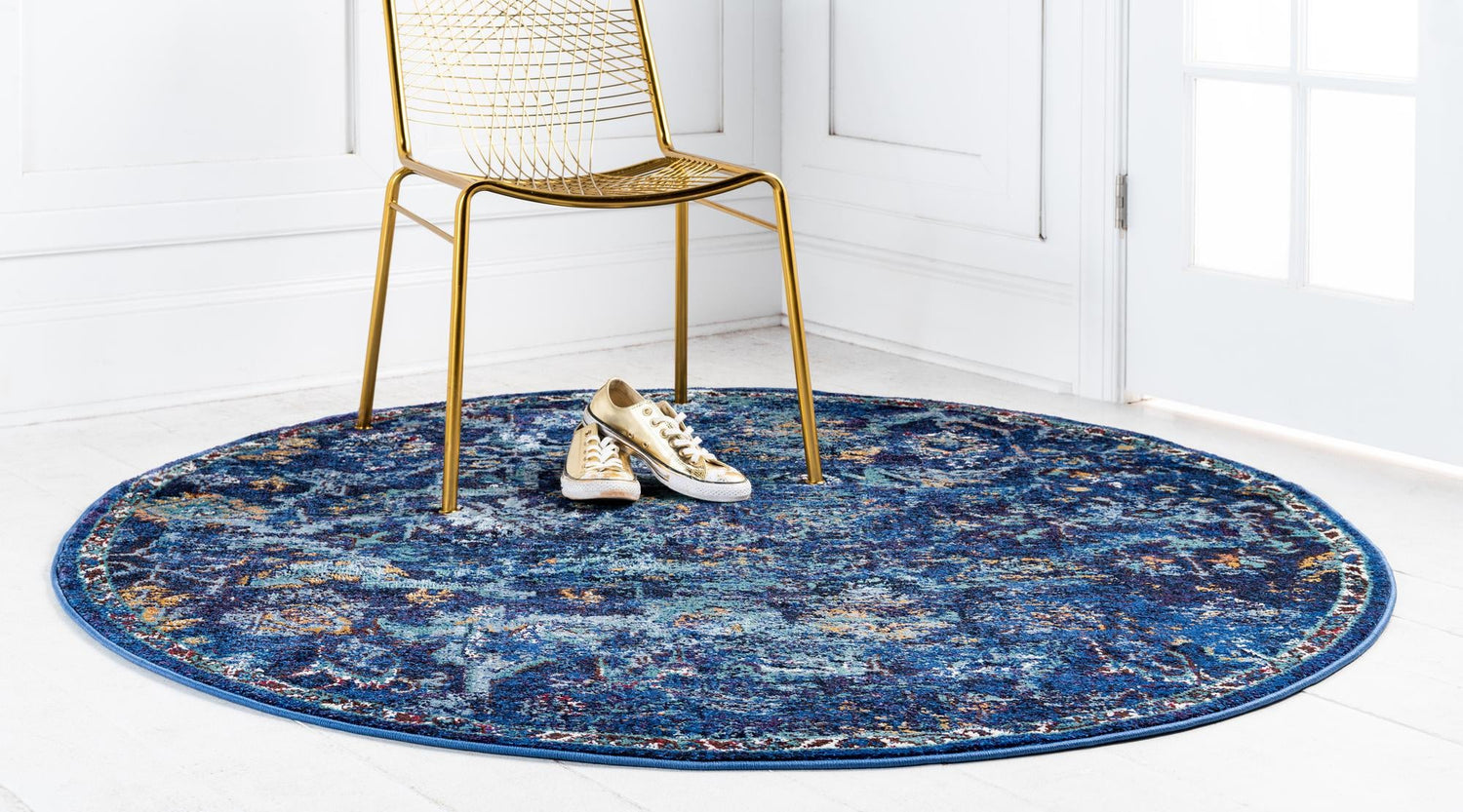 Navy Blue 8' x 8' Augustus Round Area Rug 70% Polypropylene & 30% Polyester With Cotton Backing Easy Clean Home Decor Carpet for Sale at Rug Engine