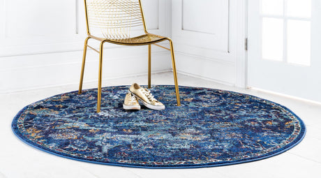 Navy Blue 8' x 8' Augustus Round Area Rug 70% Polypropylene & 30% Polyester With Cotton Backing Easy Clean Home Decor Carpet for Sale at Rug Engine