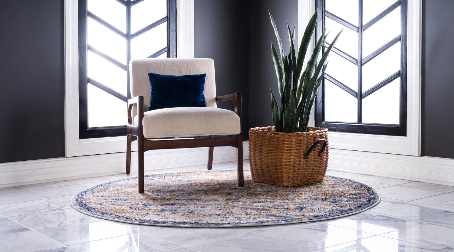Light Blue 5' x 5' Augustus Round Area Rug 70% Polypropylene & 30% Polyester With Cotton Backing Easy Clean Home Decor Carpet for Sale at Rug Engine