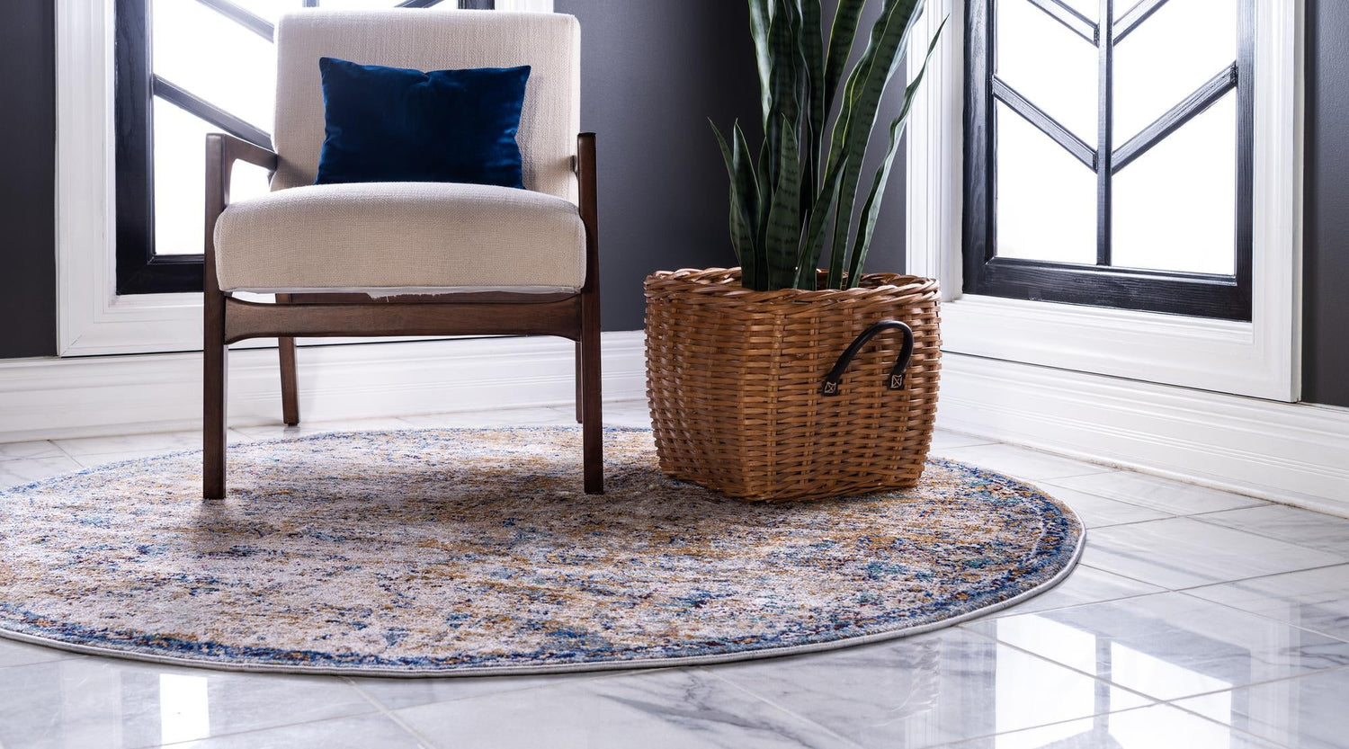 Light Blue 8' x 8' Augustus Round Area Rug 70% Polypropylene & 30% Polyester With Cotton Backing Easy Clean Home Decor Carpet for Sale at Rug Engine