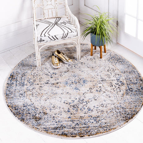 Cream 5' x 5' Augustus Round Area Rug 70% Polypropylene & 30% Polyester With Cotton Backing Easy Clean Home Decor Carpet for Sale at Rug Engine