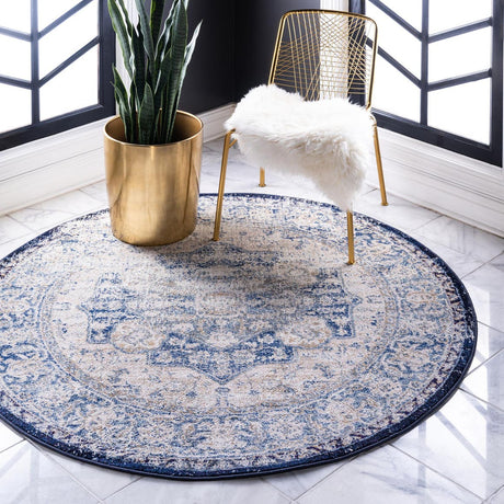 Blue 5' x 5' Augustus Round Area Rug 70% Polypropylene & 30% Polyester With Cotton Backing Easy Clean Home Decor Carpet for Sale at Rug Engine