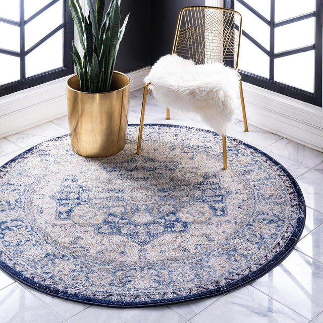 Blue 8' x 8' Augustus Round Area Rug 70% Polypropylene & 30% Polyester With Cotton Backing Easy Clean Home Decor Carpet for Sale at Rug Engine