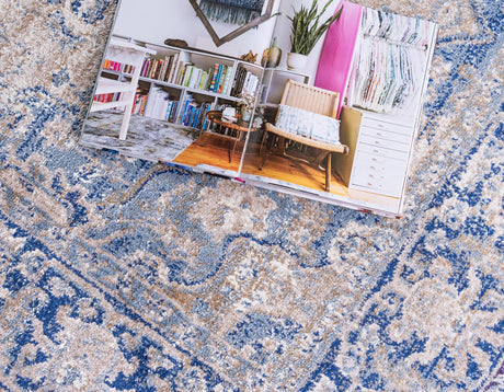 Blue 8' x 8' Augustus Round Area Rug 70% Polypropylene & 30% Polyester With Cotton Backing Easy Clean Home Decor Carpet for Sale at Rug Engine
