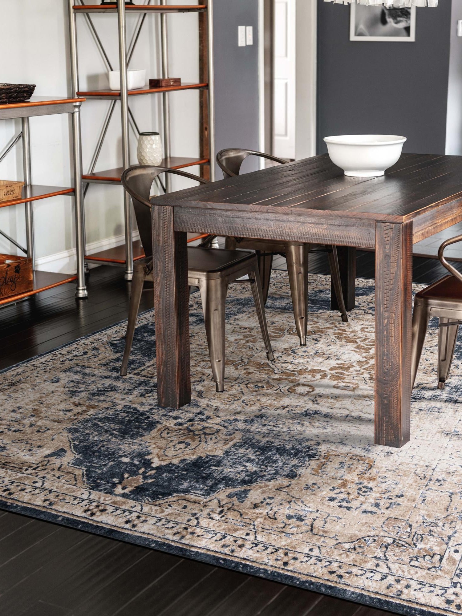 Dark Blue 6' 1 x 9' Chateau Rectangle Area Rug 85% Polypropylene & 15% Chenille With Cotton Backing Traditional Vintage Distressed Carpet for Classical Interior Design Decorating for Sale at Rug Engine