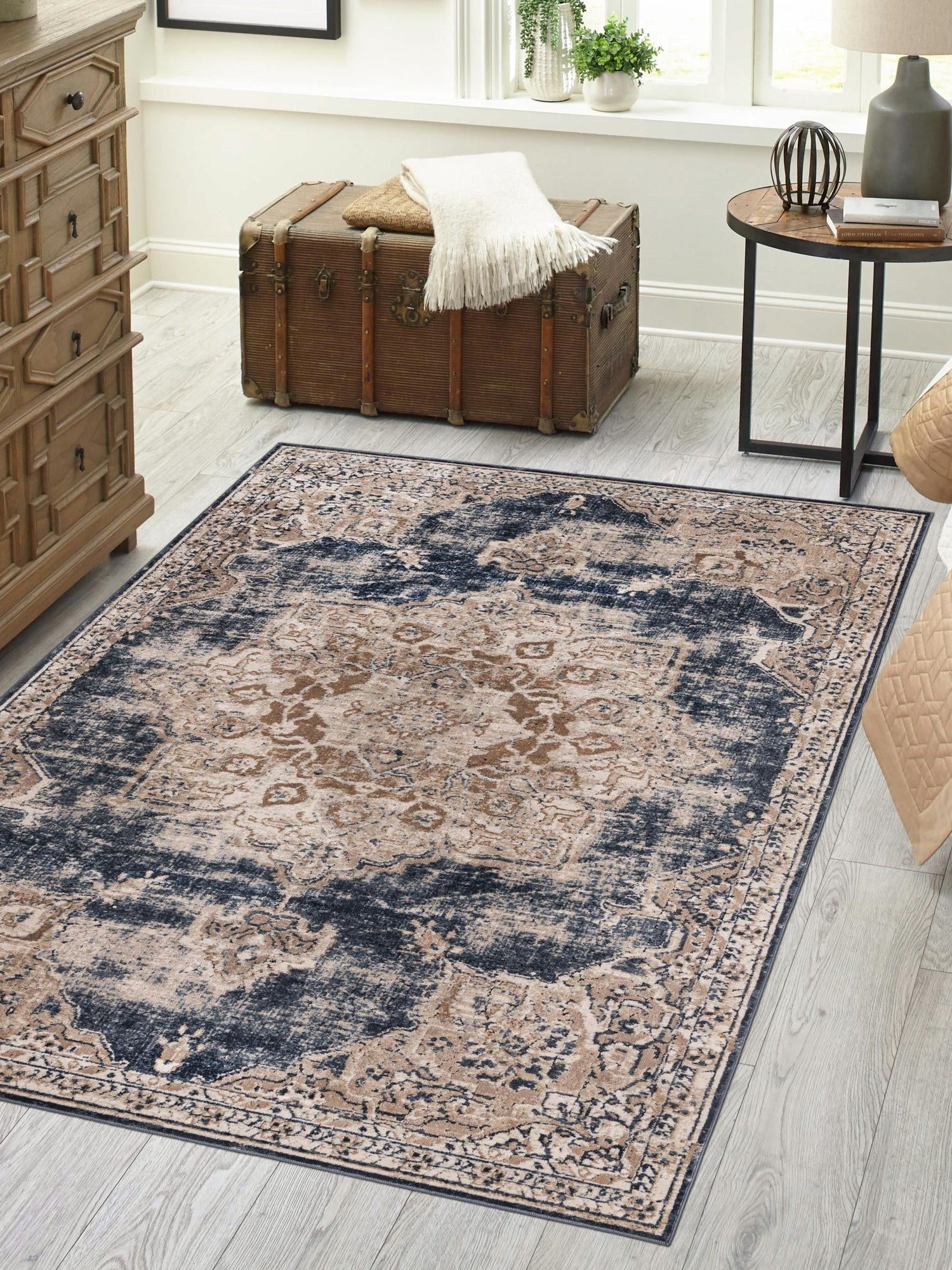 Dark Blue 9' x 12' Chateau Rectangle Area Rug 85% Polypropylene & 15% Chenille With Cotton Backing Traditional Vintage Distressed Carpet for Classical Interior Design Decorating for Sale at Rug Engine
