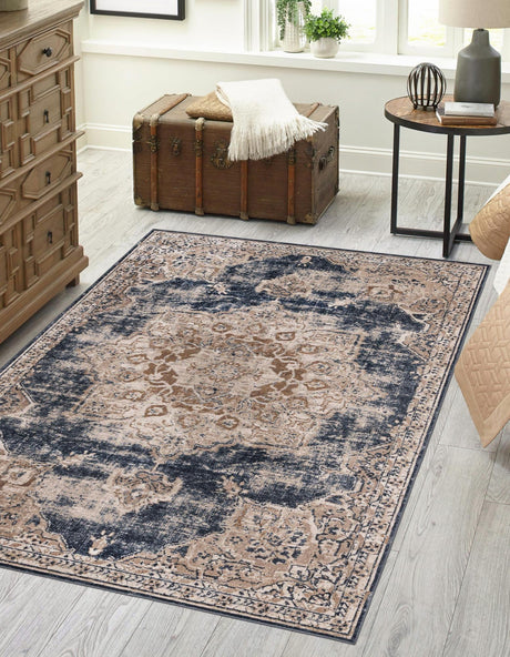 Dark Blue 7' 10 x 11' Chateau Rectangle Area Rug 85% Polypropylene & 15% Chenille With Cotton Backing Traditional Vintage Distressed Carpet for Classical Interior Design Decorating for Sale at Rug Engine