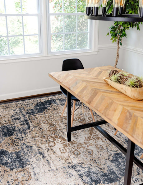 Dark Blue 7' 10 x 11' Chateau Rectangle Area Rug 85% Polypropylene & 15% Chenille With Cotton Backing Traditional Vintage Distressed Carpet for Classical Interior Design Decorating for Sale at Rug Engine