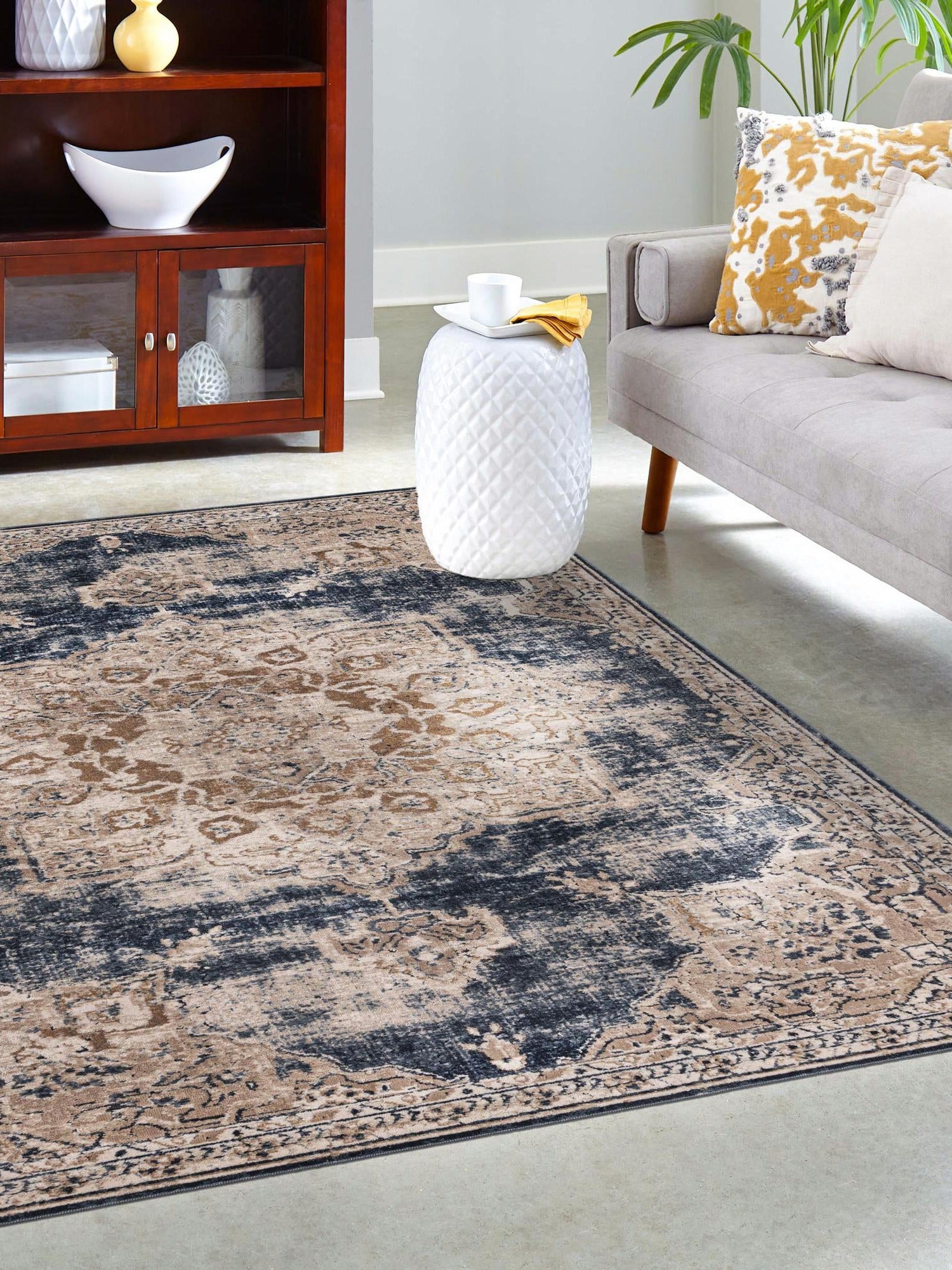 Dark Blue 9' x 12' Chateau Rectangle Area Rug 85% Polypropylene & 15% Chenille With Cotton Backing Traditional Vintage Distressed Carpet for Classical Interior Design Decorating for Sale at Rug Engine
