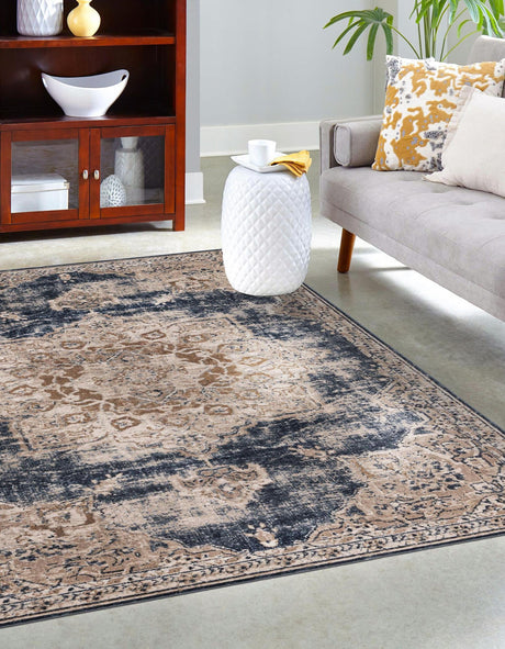 Dark Blue 9' x 12' Chateau Rectangle Area Rug 85% Polypropylene & 15% Chenille With Cotton Backing Traditional Vintage Distressed Carpet for Classical Interior Design Decorating for Sale at Rug Engine