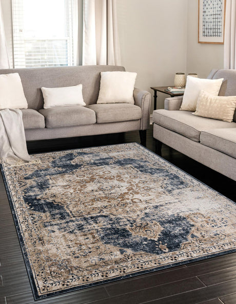 Dark Blue 7' 10 x 10' Chateau Rectangle Area Rug 85% Polypropylene & 15% Chenille With Cotton Backing Traditional Vintage Distressed Carpet for Classical Interior Design Decorating for Sale at Rug Engine