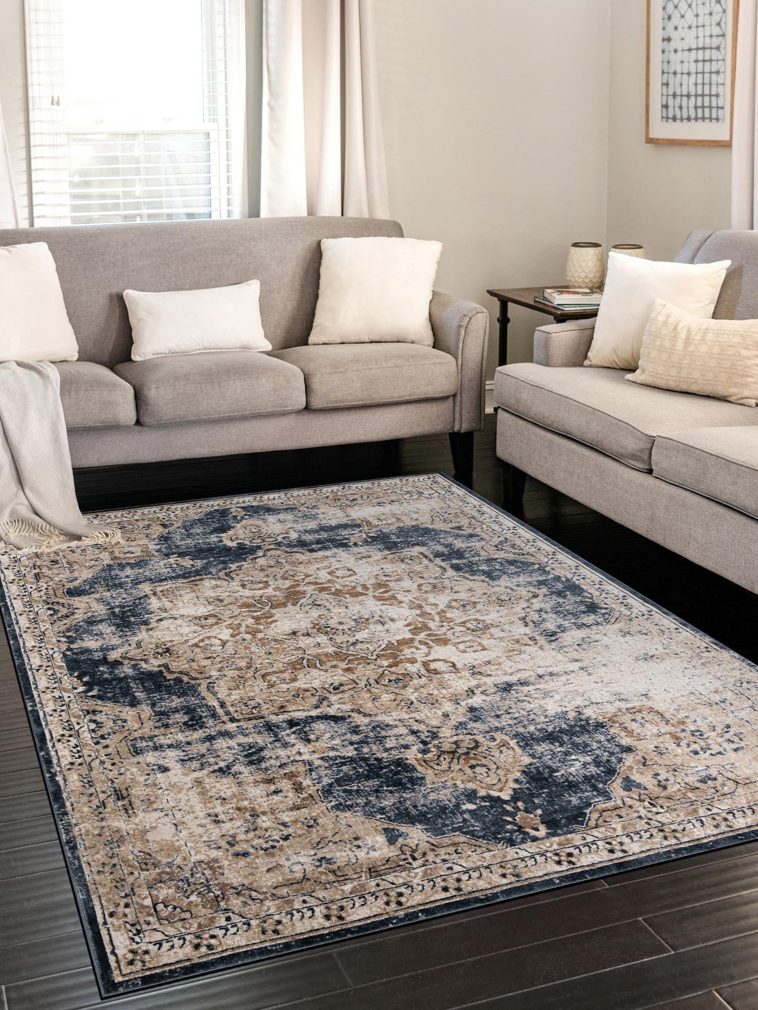 Dark Blue 9' x 12' Chateau Rectangle Area Rug 85% Polypropylene & 15% Chenille With Cotton Backing Traditional Vintage Distressed Carpet for Classical Interior Design Decorating for Sale at Rug Engine