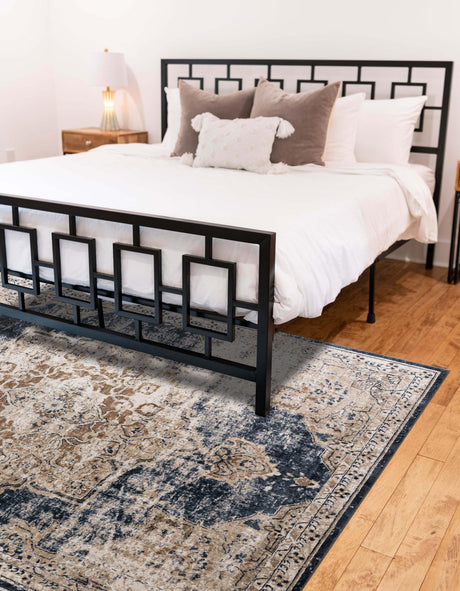 Dark Blue 7' 10 x 11' Chateau Rectangle Area Rug 85% Polypropylene & 15% Chenille With Cotton Backing Traditional Vintage Distressed Carpet for Classical Interior Design Decorating for Sale at Rug Engine