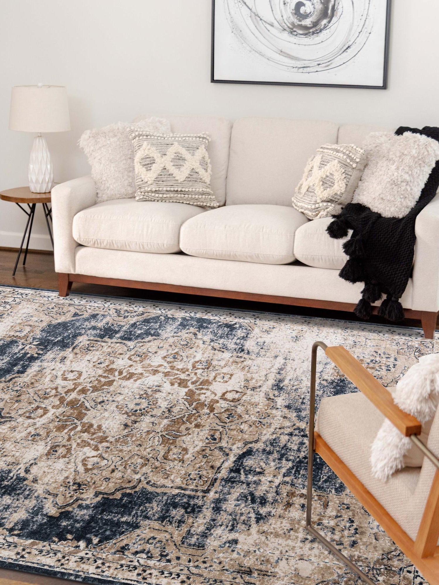 Dark Blue 5' 3 x 8' Chateau Rectangle Area Rug 85% Polypropylene & 15% Chenille With Cotton Backing Traditional Vintage Distressed Carpet for Classical Interior Design Decorating for Sale at Rug Engine