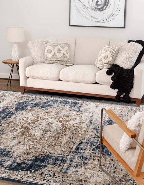 Dark Blue 7' 10 x 11' Chateau Rectangle Area Rug 85% Polypropylene & 15% Chenille With Cotton Backing Traditional Vintage Distressed Carpet for Classical Interior Design Decorating for Sale at Rug Engine