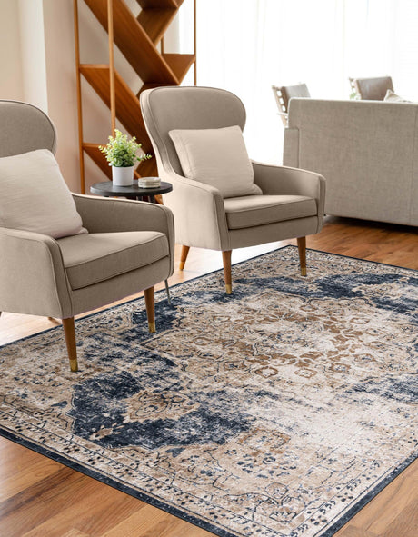 Dark Blue 7' 10 x 11' Chateau Rectangle Area Rug 85% Polypropylene & 15% Chenille With Cotton Backing Traditional Vintage Distressed Carpet for Classical Interior Design Decorating for Sale at Rug Engine