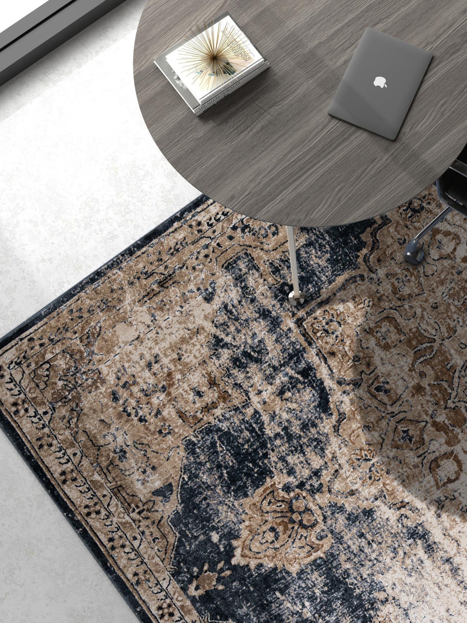 Dark Blue 5' 3 x 8' Chateau Rectangle Area Rug 85% Polypropylene & 15% Chenille With Cotton Backing Traditional Vintage Distressed Carpet for Classical Interior Design Decorating for Sale at Rug Engine