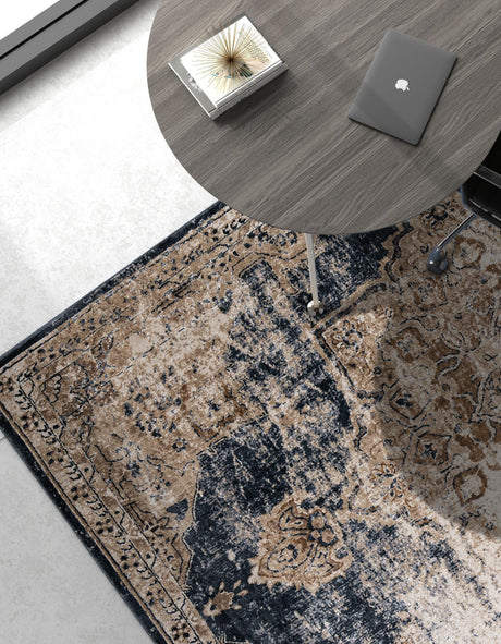 Dark Blue 7' 10 x 11' Chateau Rectangle Area Rug 85% Polypropylene & 15% Chenille With Cotton Backing Traditional Vintage Distressed Carpet for Classical Interior Design Decorating for Sale at Rug Engine