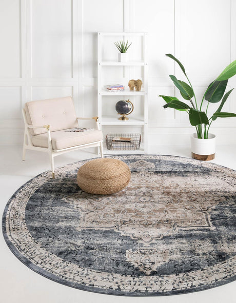 Dark Blue 6' 1 x 6' 1 Chateau Round Area Rug 85% Polypropylene & 15% Chenille With Cotton Backing Traditional Vintage Distressed Carpet for Classical Interior Design Decorating for Sale at Rug Engine