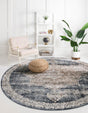 Dark Blue 6' 1 x 6' 1 Chateau Round Area Rug 85% Polypropylene & 15% Chenille With Cotton Backing Traditional Vintage Distressed Carpet for Classical Interior Design Decorating for Sale at Rug Engine