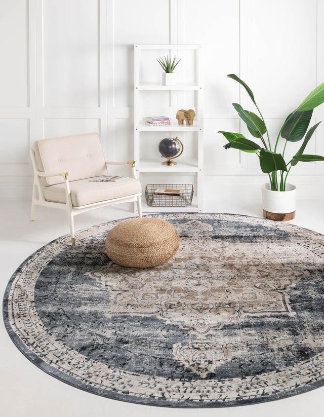 Dark Blue 5' 3 x 5' 3 Chateau Round Area Rug 85% Polypropylene & 15% Chenille With Cotton Backing Traditional Vintage Distressed Carpet for Classical Interior Design Decorating for Sale at Rug Engine