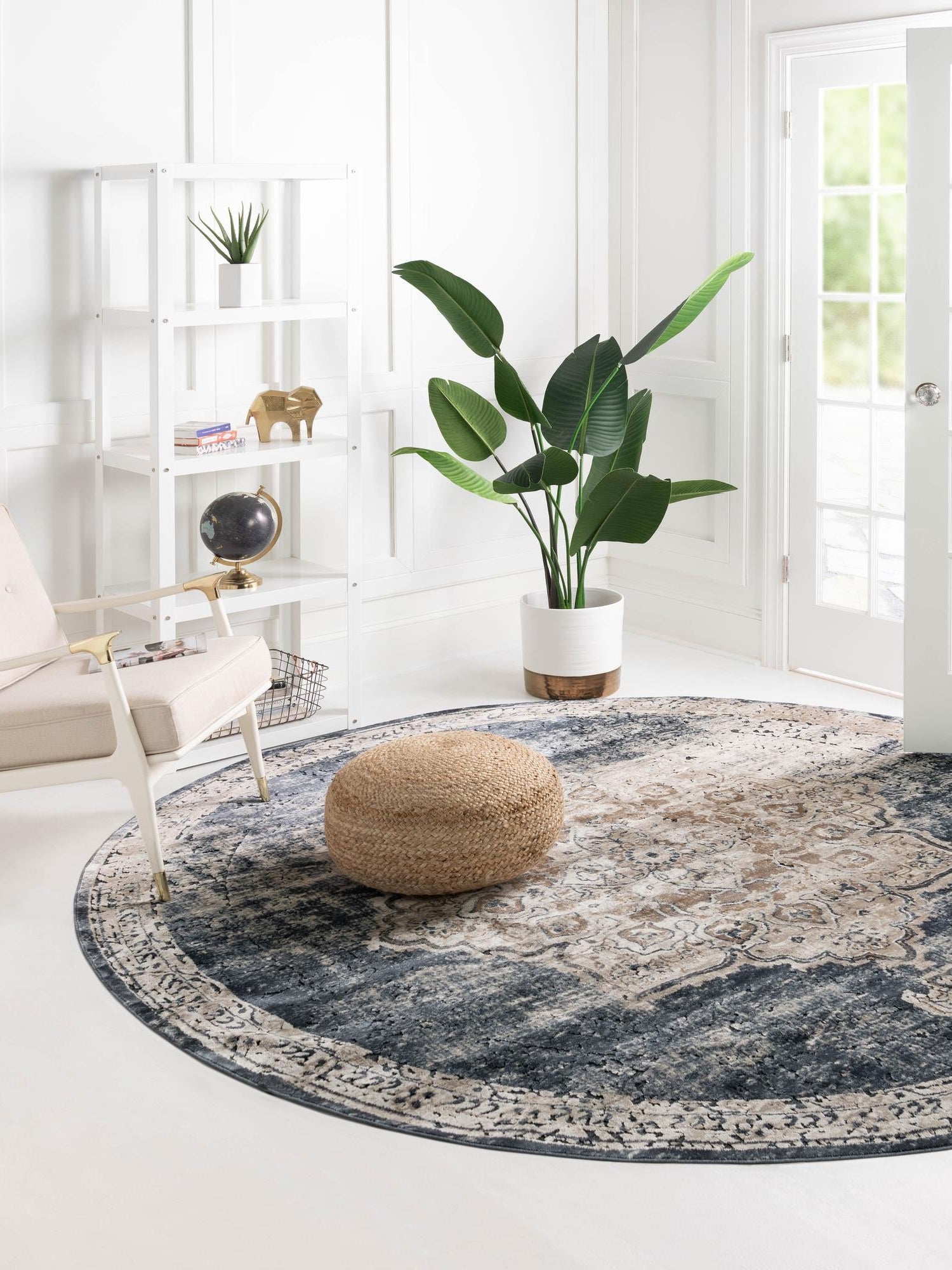 Dark Blue 7' 10 x 7' 10 Chateau Round Area Rug 85% Polypropylene & 15% Chenille With Cotton Backing Traditional Vintage Distressed Carpet for Classical Interior Design Decorating for Sale at Rug Engine