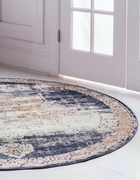 Dark Blue 7' 1 x 7' 1 Chateau Round Area Rug 85% Polypropylene & 15% Chenille With Cotton Backing Traditional Vintage Distressed Carpet for Classical Interior Design Decorating for Sale at Rug Engine