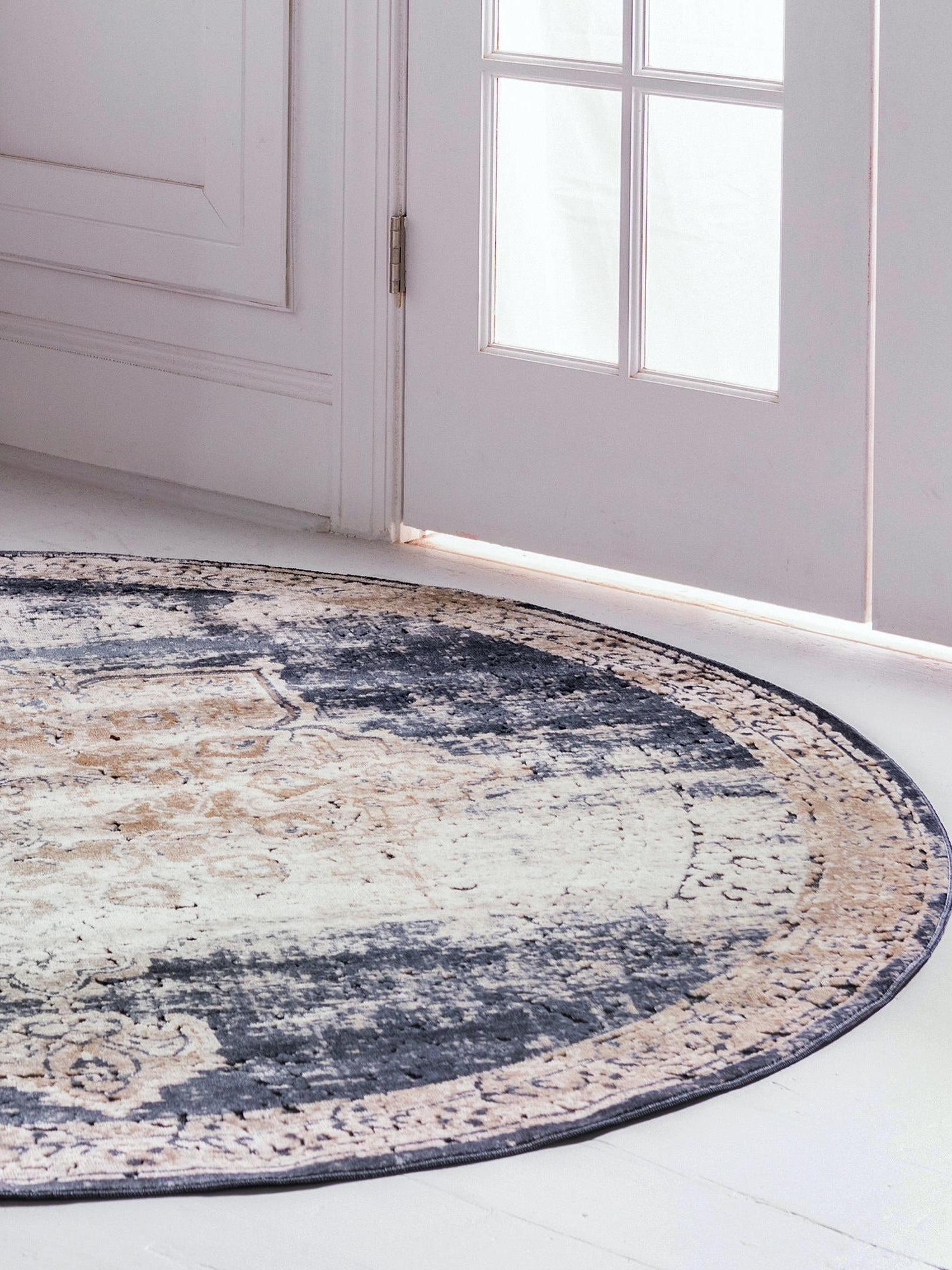 Dark Blue 7' 10 x 7' 10 Chateau Round Area Rug 85% Polypropylene & 15% Chenille With Cotton Backing Traditional Vintage Distressed Carpet for Classical Interior Design Decorating for Sale at Rug Engine