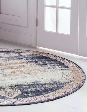 Dark Blue 5' 3 x 5' 3 Chateau Round Area Rug 85% Polypropylene & 15% Chenille With Cotton Backing Traditional Vintage Distressed Carpet for Classical Interior Design Decorating for Sale at Rug Engine