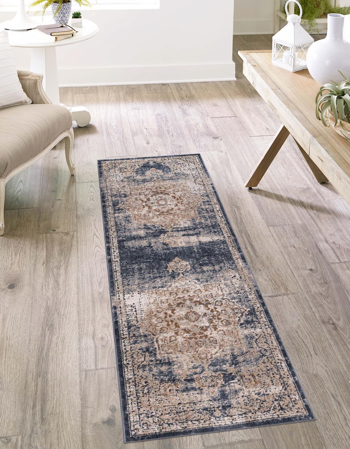 Dark Blue 2' 7 x 12' Chateau Runner Area Rug 85% Polypropylene & 15% Chenille With Cotton Backing Traditional Vintage Distressed Carpet for Classical Interior Design Decorating for Sale at Rug Engine