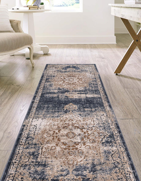 Dark Blue 2' x 6' 9 Chateau Runner Area Rug 85% Polypropylene & 15% Chenille With Cotton Backing Traditional Vintage Distressed Carpet for Classical Interior Design Decorating for Sale at Rug Engine