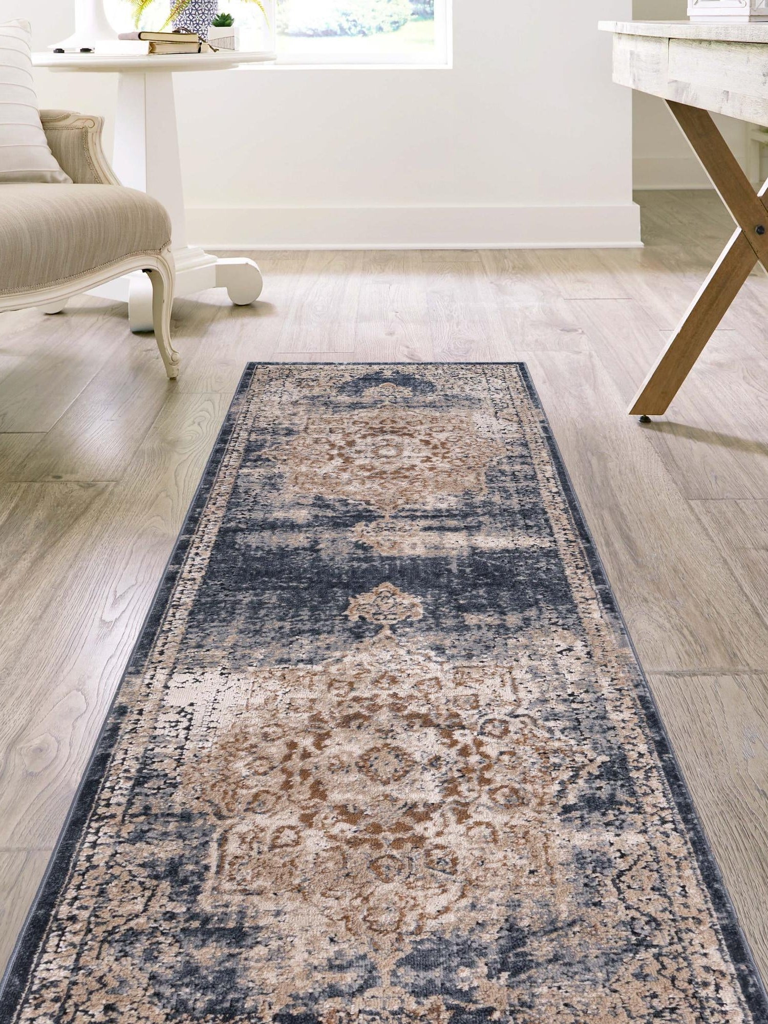 Dark Blue 2' 7 x 12' Chateau Runner Area Rug 85% Polypropylene & 15% Chenille With Cotton Backing Traditional Vintage Distressed Carpet for Classical Interior Design Decorating for Sale at Rug Engine