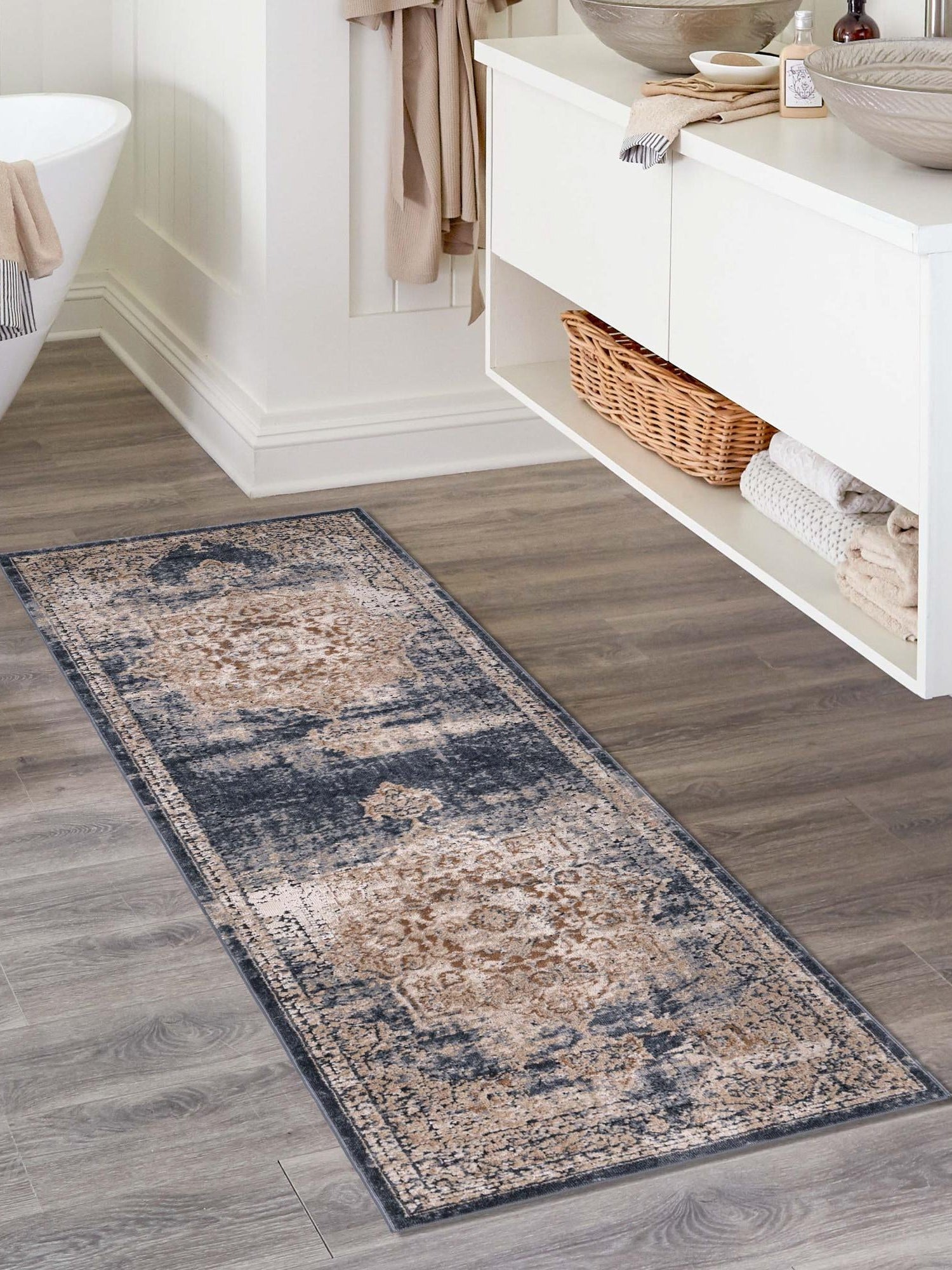 Dark Blue 3' 1 x 13' 1 Chateau Runner Area Rug 85% Polypropylene & 15% Chenille With Cotton Backing Traditional Vintage Distressed Carpet for Classical Interior Design Decorating for Sale at Rug Engine