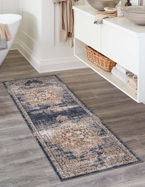 Dark Blue 2' 7 x 10' Chateau Runner Area Rug 85% Polypropylene & 15% Chenille With Cotton Backing Traditional Vintage Distressed Carpet for Classical Interior Design Decorating for Sale at Rug Engine