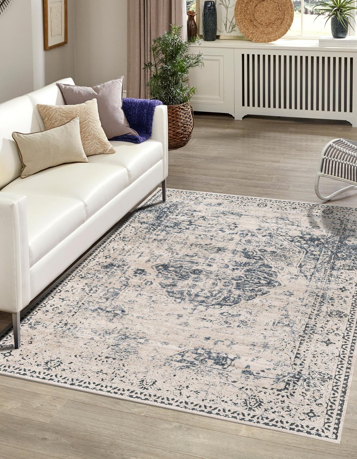 Dark Blue 4' 1 x 6' 1 Chateau Rectangle Area Rug 85% Polypropylene & 15% Chenille With Cotton Backing Traditional Vintage Distressed Carpet for Classical Interior Design Decorating for Sale at Rug Engine