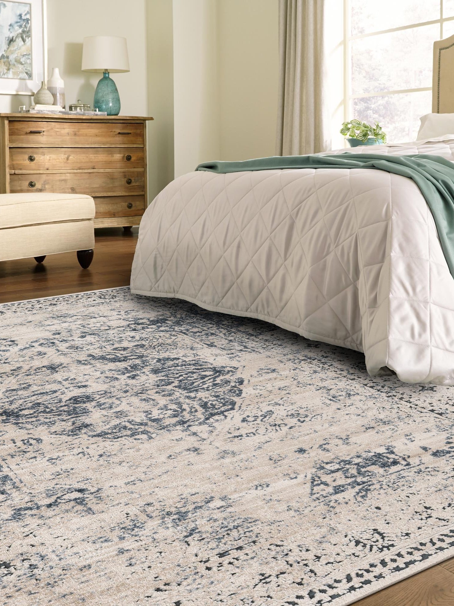 Dark Blue 4' 1 x 6' 1 Chateau Rectangle Area Rug 85% Polypropylene & 15% Chenille With Cotton Backing Traditional Vintage Distressed Carpet for Classical Interior Design Decorating for Sale at Rug Engine