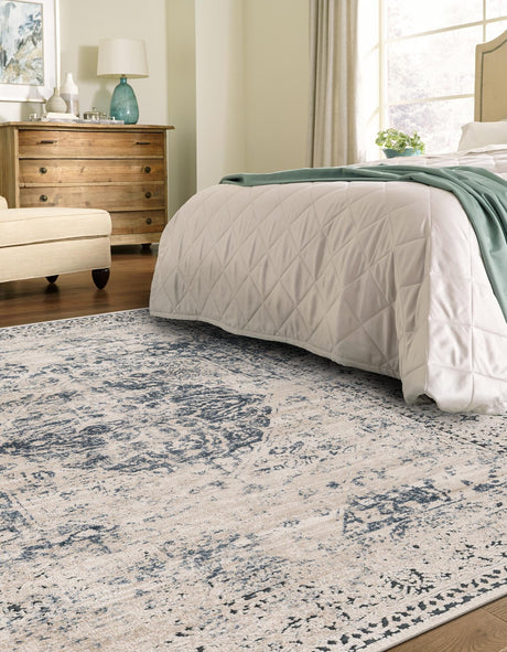 Dark Blue 9' x 12' Chateau Rectangle Area Rug 85% Polypropylene & 15% Chenille With Cotton Backing Traditional Vintage Distressed Carpet for Classical Interior Design Decorating for Sale at Rug Engine