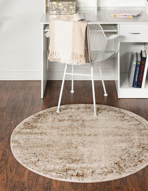 Beige 4' 1 x 4' 1 Chateau Round Area Rug 85% Polypropylene & 15% Chenille With Cotton Backing Traditional Vintage Distressed Carpet for Classical Interior Design Decorating for Sale at Rug Engine